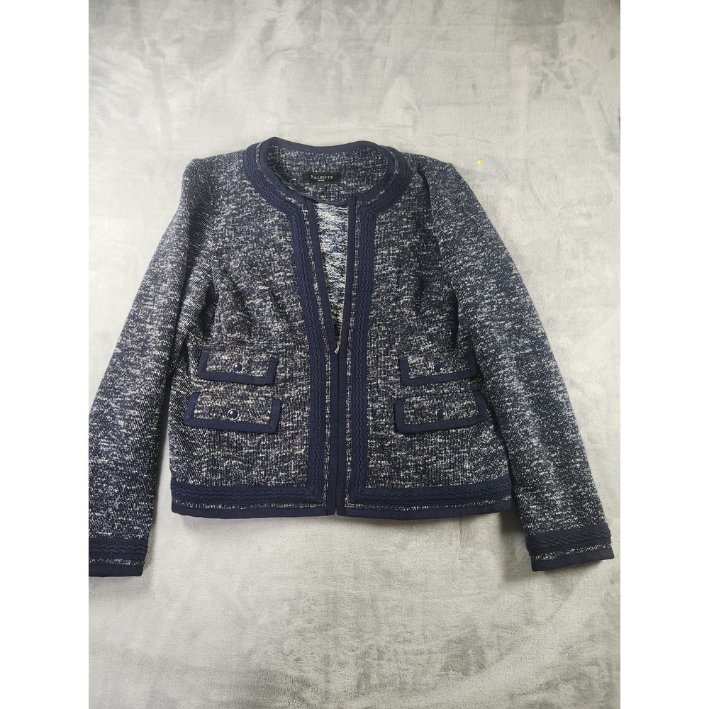 Talbots Women's Tweed Blazer Blue Trim Fitted Zipper Jacket Cotton Blend Size 6P